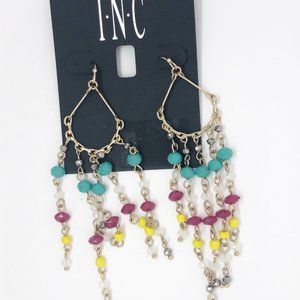 INC Beaded Hook Earrings Teal Pink Yellow & Clear Beads Spring Summer Bohemian